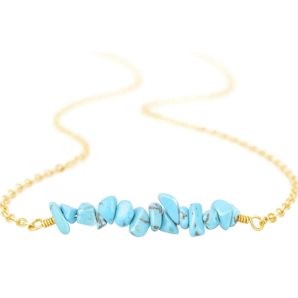 18k Gold Chain Choker Dainty Turquoise Beads Bar Necklace